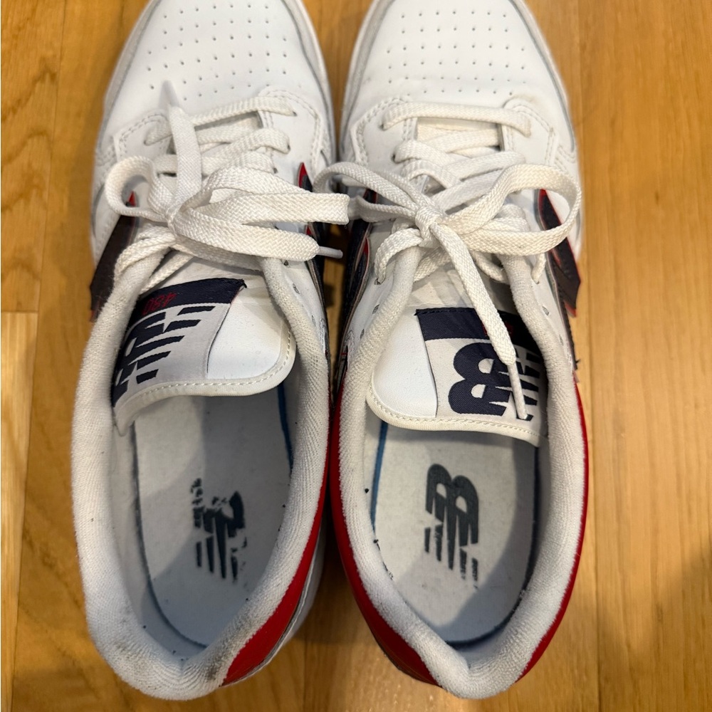 New Balance White and Navy Sneakers with Red Accents